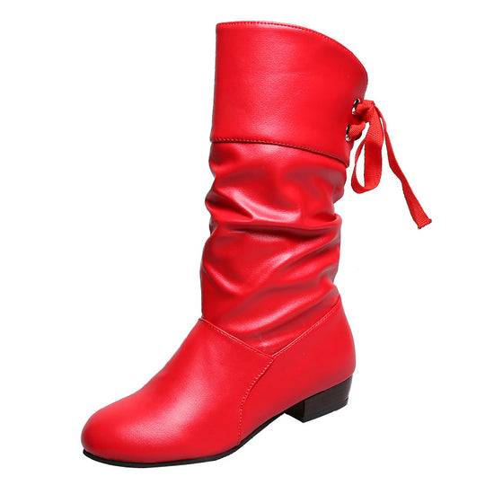 Damen  knielange Stiefel mit rückseitiger Schnürschleife, gerafftem Schaft und flachem Blockabsatz Nord Taschen