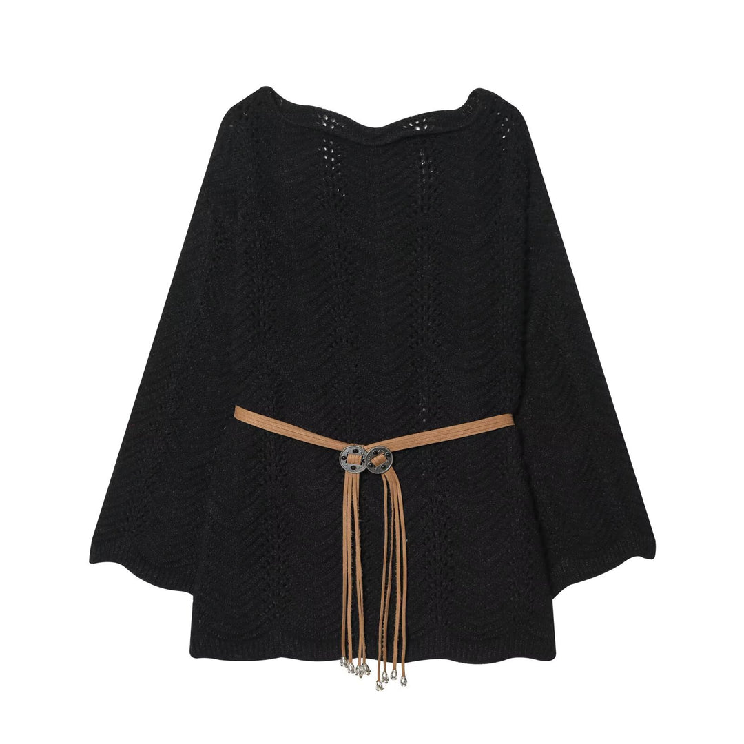 Damen Strickponcho mit Zickzack‑Ajourmuster und Taillengürtel Nord Taschen