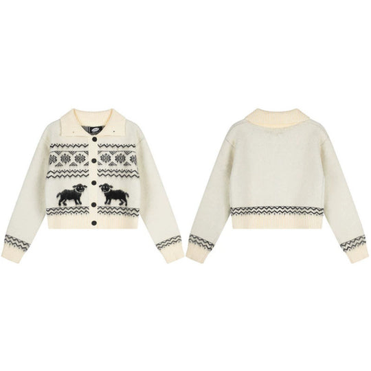 Damen Kurzgeschnittene Strickjacke im Norweger-Jacquard mit Reverskragen und Knopfverschluss Nord Taschen