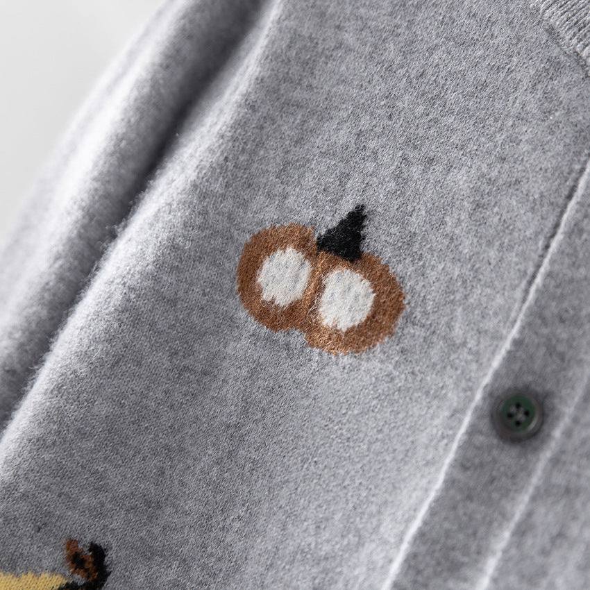 Damen Strickjacke mit Intarsia-Kürbismotiven, Rundhalsausschnitt und Knopfleiste Nord Taschen