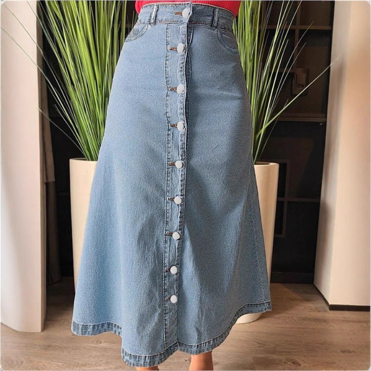 Damen A-Linien Denim-Midirock mit taillenhohem Bund und durchgehender Knopfleiste Nord Taschen