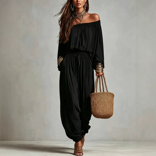 Damen Off-Shoulder Jumpsuit mit elastischem Taillenbund und weitem Plissee-Hosenbein Nord Taschen