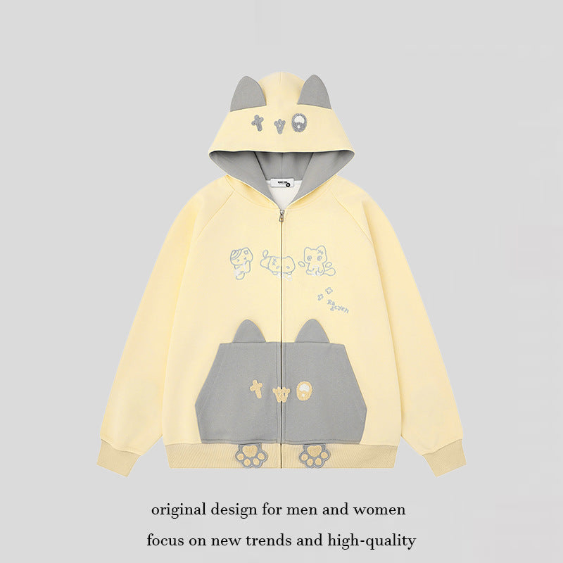 Damen Kapuzen-Sweatjacke mit Ohren, durchgehendem Reißverschluss, Kängurutasche mit Pfoten‑Applikation und verspielten Stickereien Nord Taschen