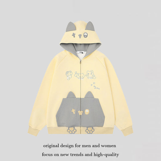 Damen Kapuzen-Sweatjacke mit Ohren, durchgehendem Reißverschluss, Kängurutasche mit Pfoten‑Applikation und verspielten Stickereien Nord Taschen