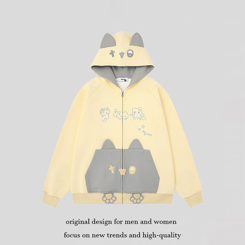 Damen Kapuzen-Sweatjacke mit Ohren, durchgehendem Reißverschluss, Kängurutasche mit Pfoten‑Applikation und verspielten Stickereien Nord Taschen