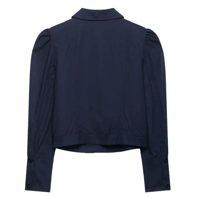 Damen Cropped Blousonjacke mit Puffärmeln, Hemdkragen und verlängerten Manschetten Nord Taschen