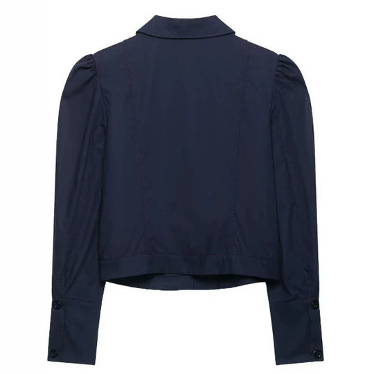 Damen Cropped Blousonjacke mit Puffärmeln, Hemdkragen und verlängerten Manschetten Nord Taschen