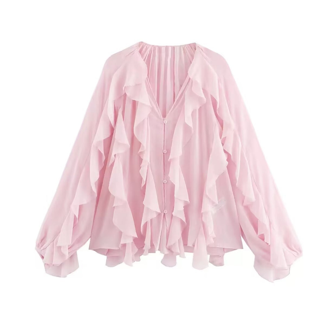 Damen Volant-Chiffonbluse mit Knopfleiste, gerafftem Ausschnitt und Ballonärmeln Nord Taschen