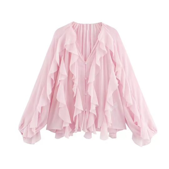 Damen Volant-Chiffonbluse mit Knopfleiste, gerafftem Ausschnitt und Ballonärmeln Nord Taschen