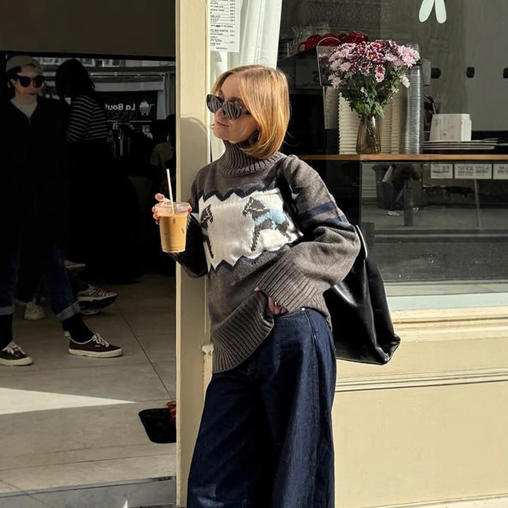 Damen Oversize-Rollkragenpullover mit Norweger-Intarsien und gerippten Bündchen Nord Taschen
