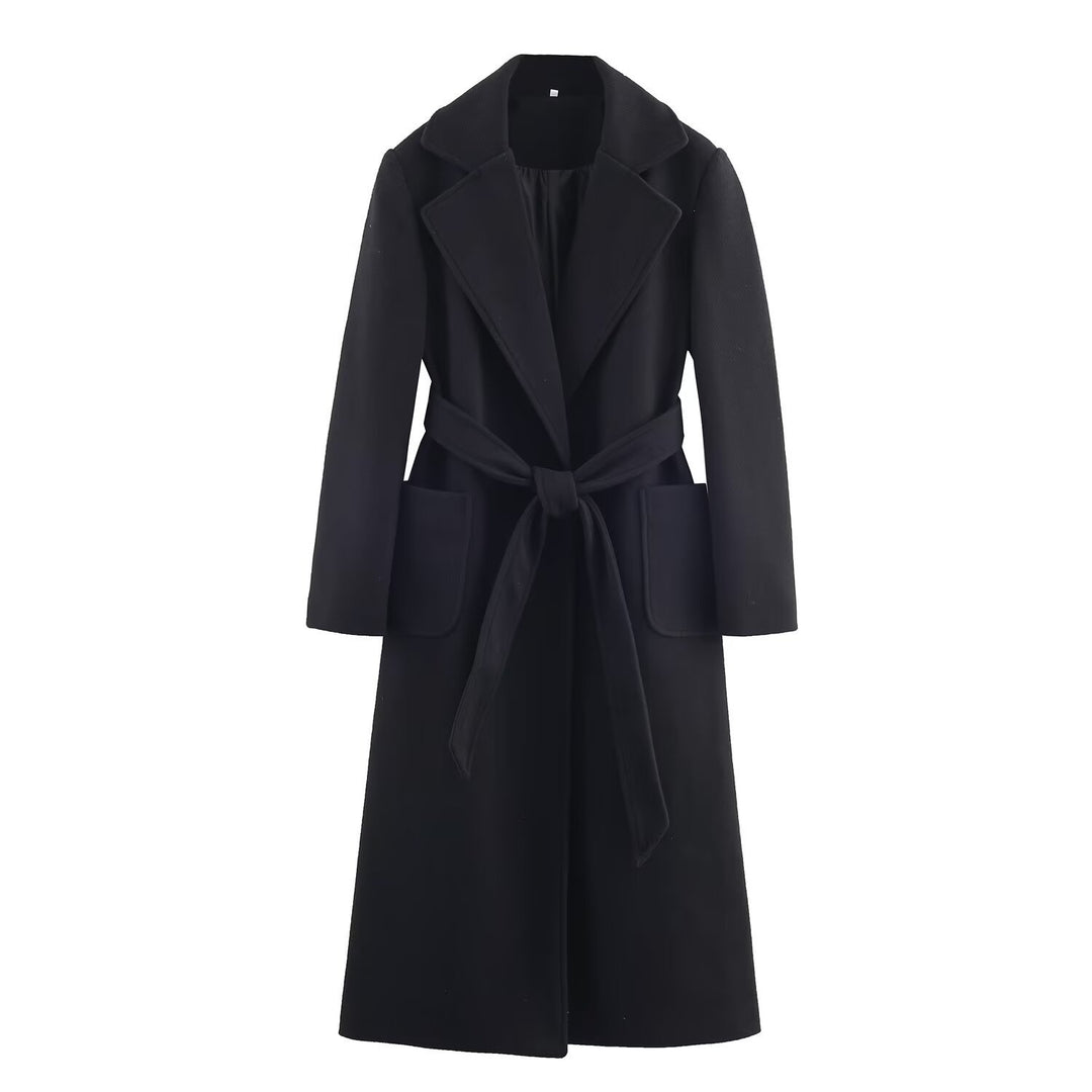 Damen Longline-Mantel mit breitem Revers und Bindegürtel Nord Taschen