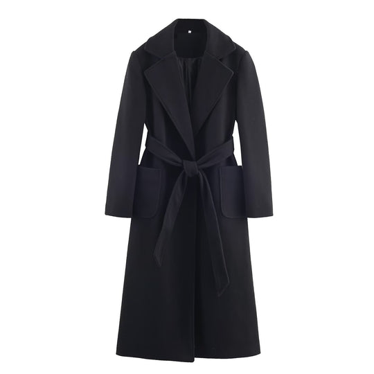 Damen Longline-Mantel mit breitem Revers und Bindegürtel Nord Taschen