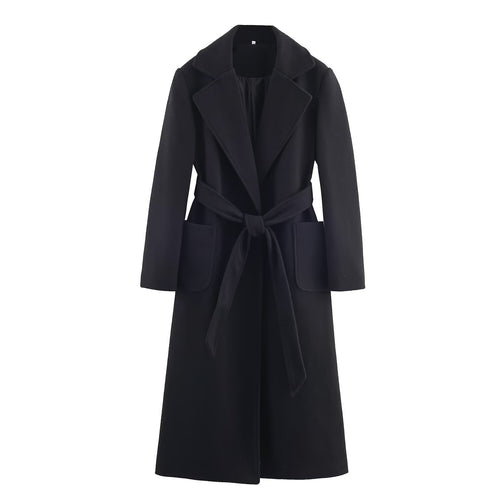 Damen Longline-Mantel mit breitem Revers und Bindegürtel Nord Taschen