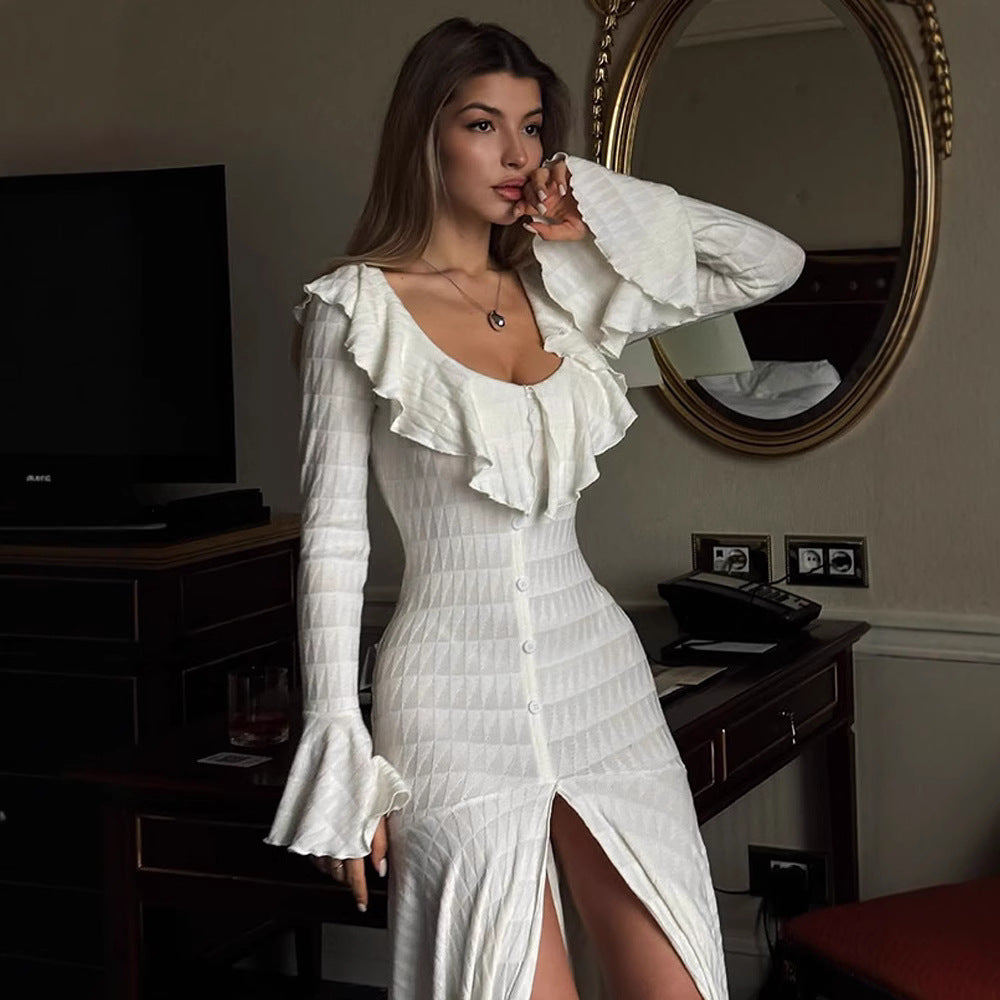 Damen Figurbetontes Maxikleid mit Volant‑Ausschnitt, Glockenärmeln und Schlitz Nord Taschen