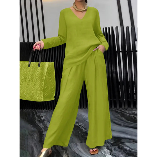 Damen Feiner V-Ausschnitt Strickpullover mit fließender Palazzo-Hose Nord Taschen
