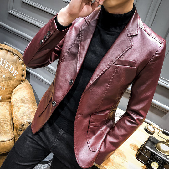 Herren Lässiges Slim-Fit Kunstleder-Sakko mit Reverskragen und aufgesetzten Taschen Nord Taschen