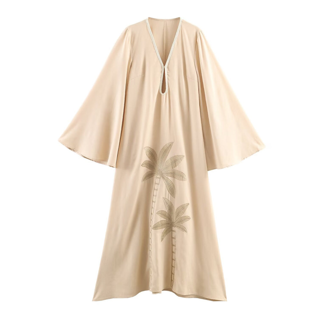 Damen Maxikleid-Kaftan mit Trompetenärmeln und Palmenstickerei Nord Taschen