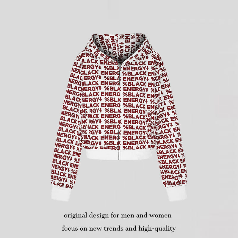 Damen kurze Zip-Kapuzenjacke mit Allover-Logoprint und elastischem Rippenbund Nord Taschen