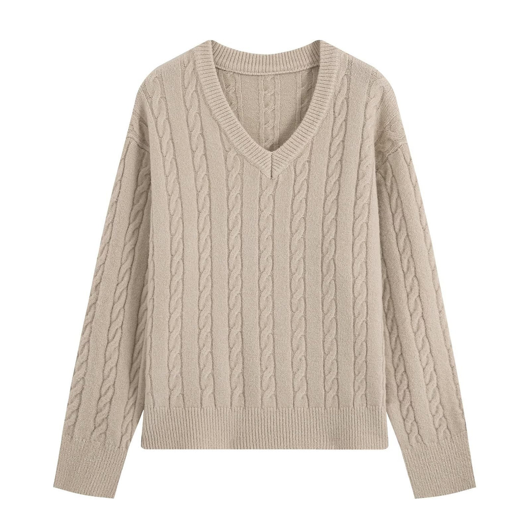 Damen Oversize Zopfmuster-Pullover mit V-Ausschnitt und breitem Rippbündchen Nord Taschen