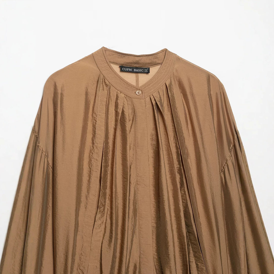 Damen Plissiertes Blouson-Top mit Rundhalsausschnitt, Ballonärmeln und gesmoktem Saum Nord Taschen