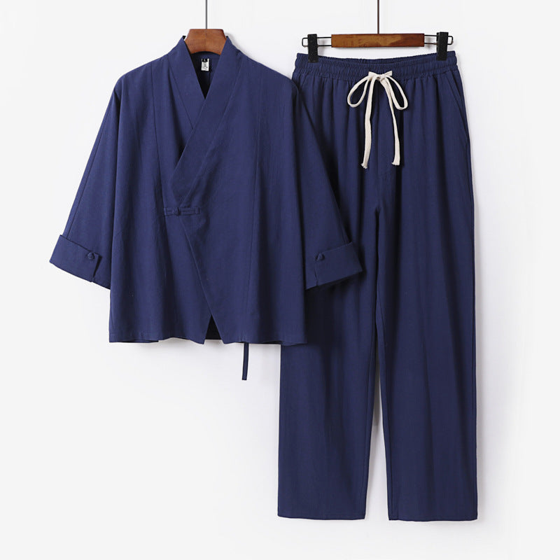Unisex Leichtes Zen-Lounge-Set im Kimono-Stil mit überschnittener Schulter verdeckter Knotenleiste und elastischer Tunnelzughose Nord Taschen