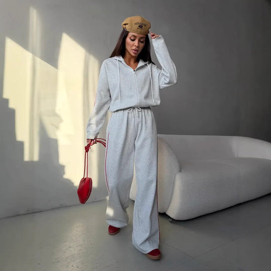 Damen lässiges Lounge-Set aus French-Terry mit Kurzzip-Hoodie und High-Waist Wide-Leg Jogginghose mit Kontrastpaspel Nord Taschen