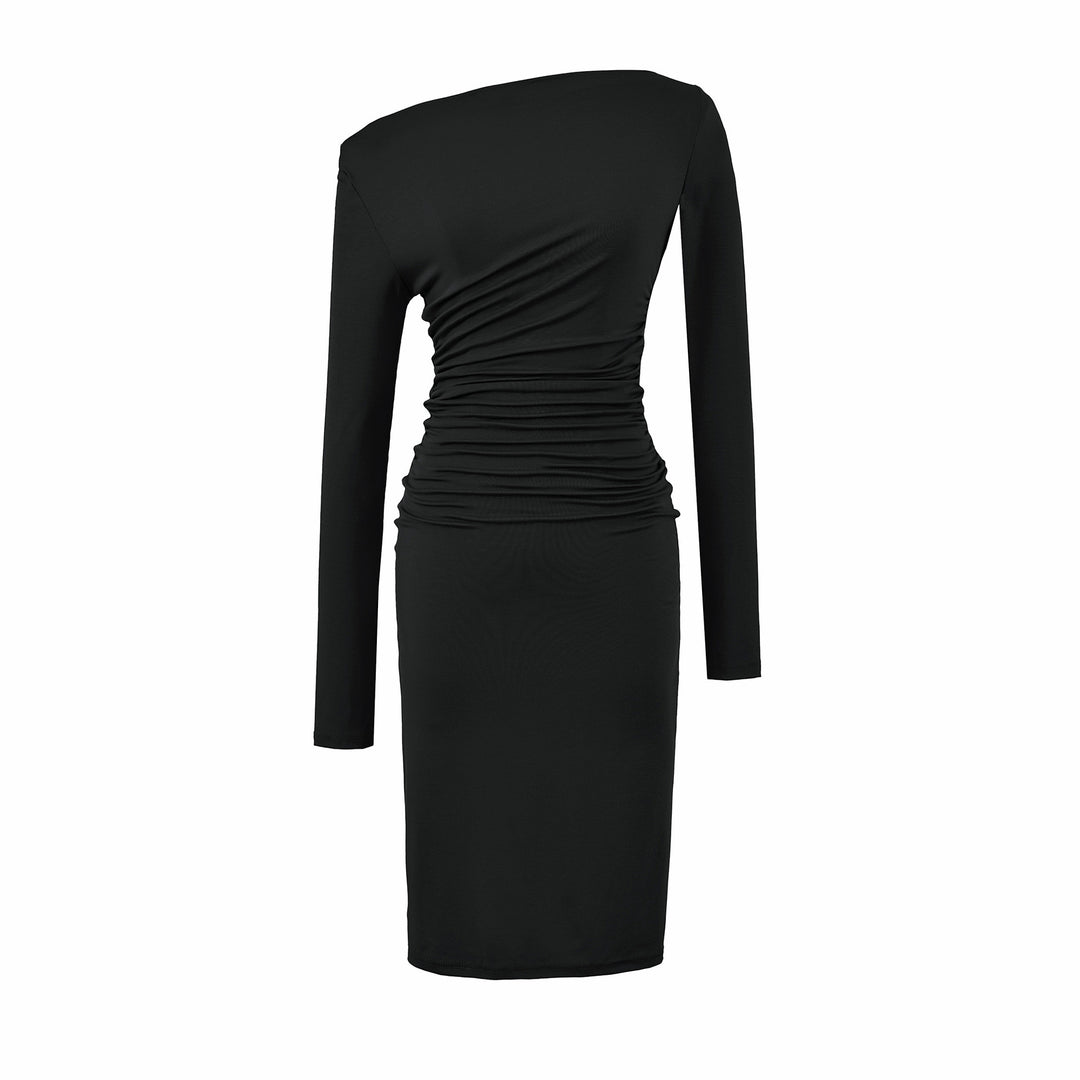 Damen Asymmetrisches Ein-Schulter-Midikleid mit Raffung und Langarm Nord Taschen