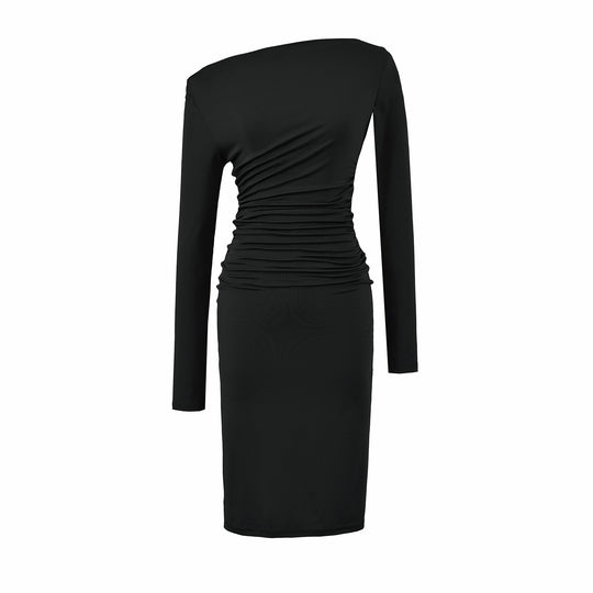 Damen Asymmetrisches Ein-Schulter-Midikleid mit Raffung und Langarm Nord Taschen