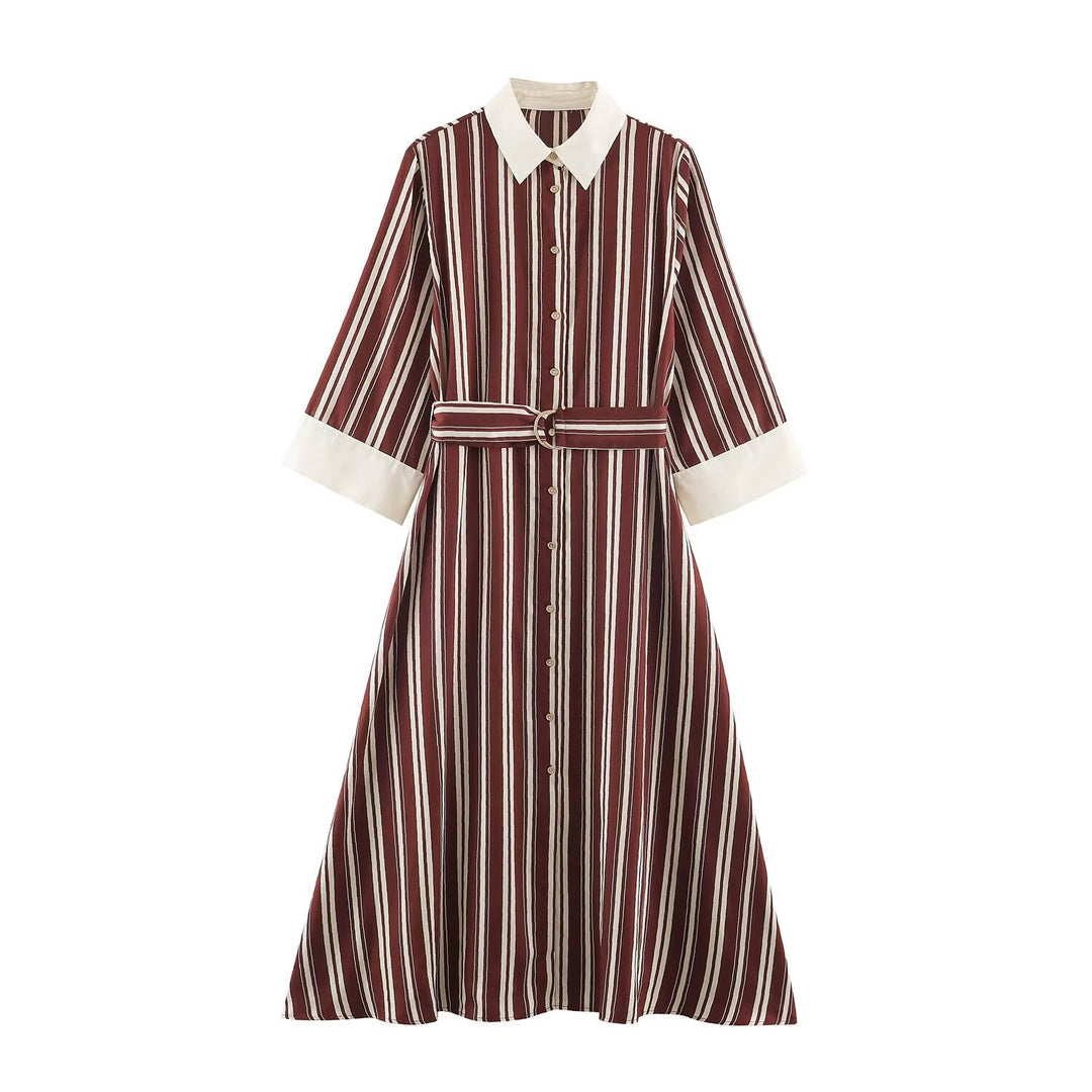 Damen Gestreiftes Hemdblusenkleid mit Kontrastkragen, Dreiviertelärmeln und Taillengürtel Nord Taschen