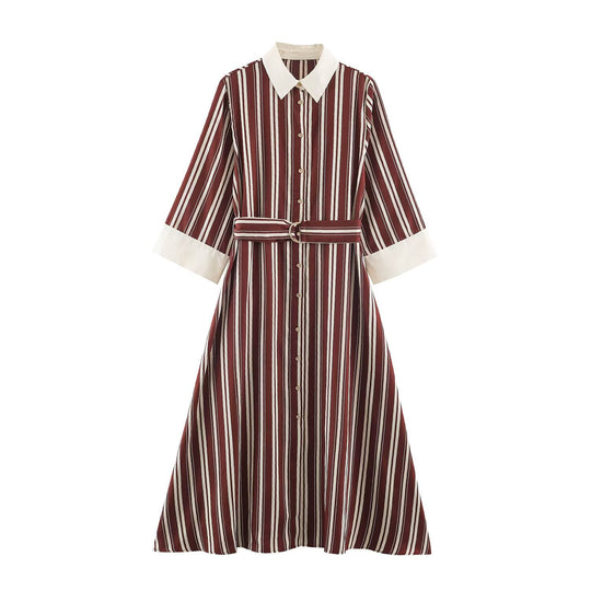 Damen Gestreiftes Hemdblusenkleid mit Kontrastkragen, Dreiviertelärmeln und Taillengürtel Nord Taschen