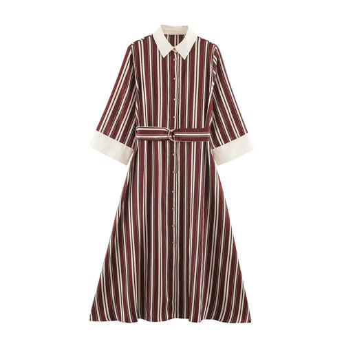 Damen Gestreiftes Hemdblusenkleid mit Kontrastkragen, Dreiviertelärmeln und Taillengürtel Nord Taschen