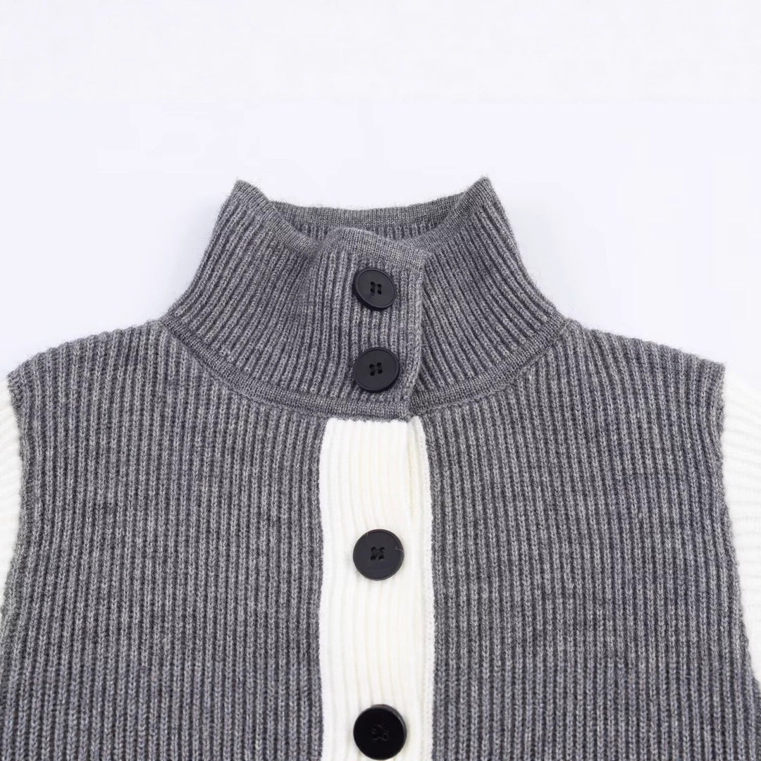 Damen Oversize Rippstrick-Cardigan mit hohem Kragen, Kontrastblende und Knopfleiste Nord Taschen