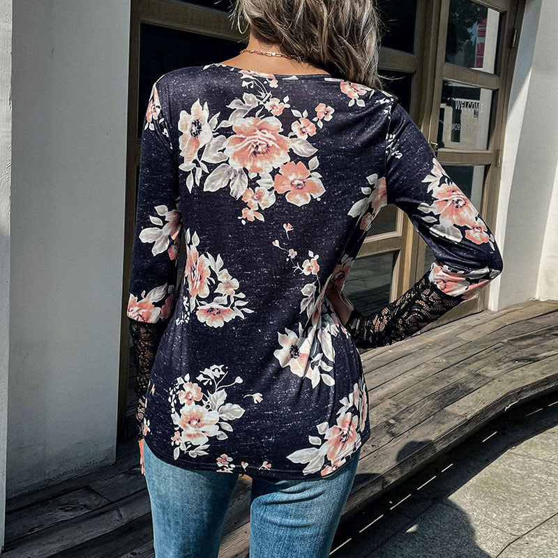 Damen Henley-Top mit Rosenprint, Spitzenmanschetten und Zierknopfleiste Nord Taschen