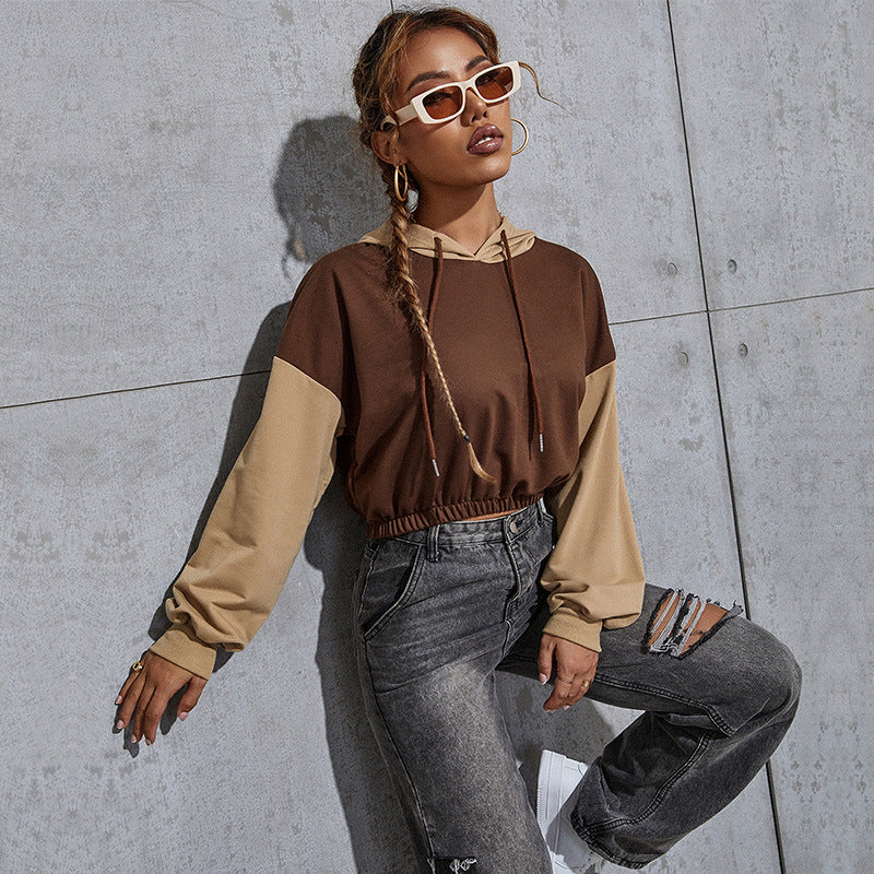 Damen Cropped-Kapuzenpullover mit Colorblock, Kordelzug und elastischem Saum Nord Taschen
