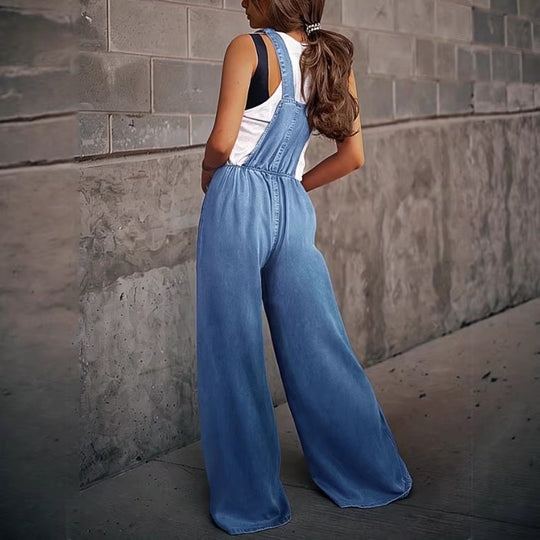 Damen Weite Denim-Latzhose im Palazzo-Schnitt mit verstellbaren Trägern Nord Taschen