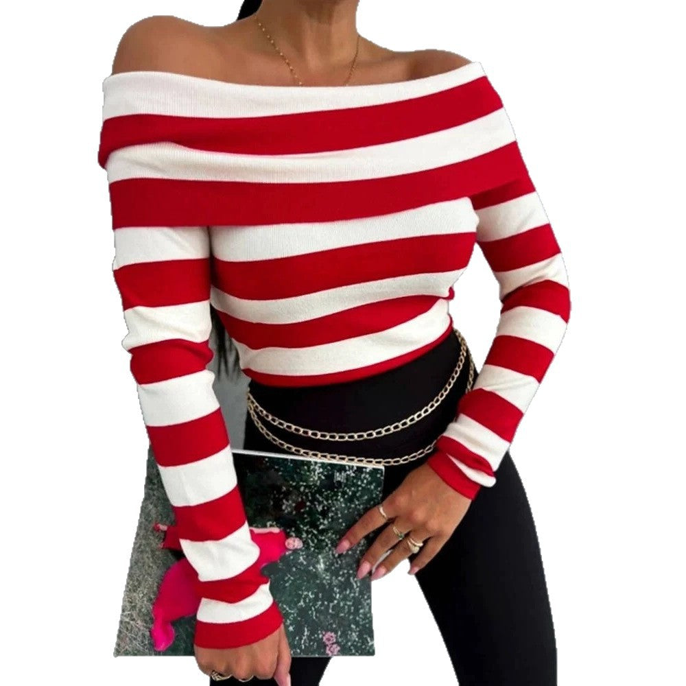 Damen Lässiges gestreiftes Oberteil im Off-Shoulder-Stil Nord Taschen