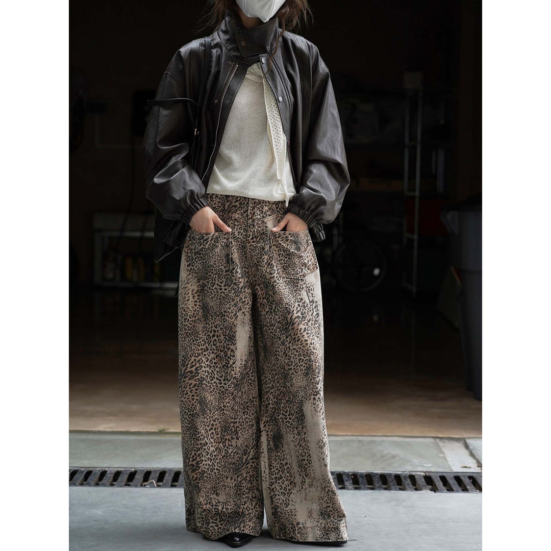 Damen Palazzo-Hose mit Leopardenmuster, hohem Bund und großen aufgesetzten Taschen Nord Taschen