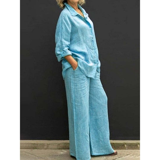 Damen Relaxed-Buttondown-Hemd und High-Waist-Palazzo im Leinenoptik Nord Taschen