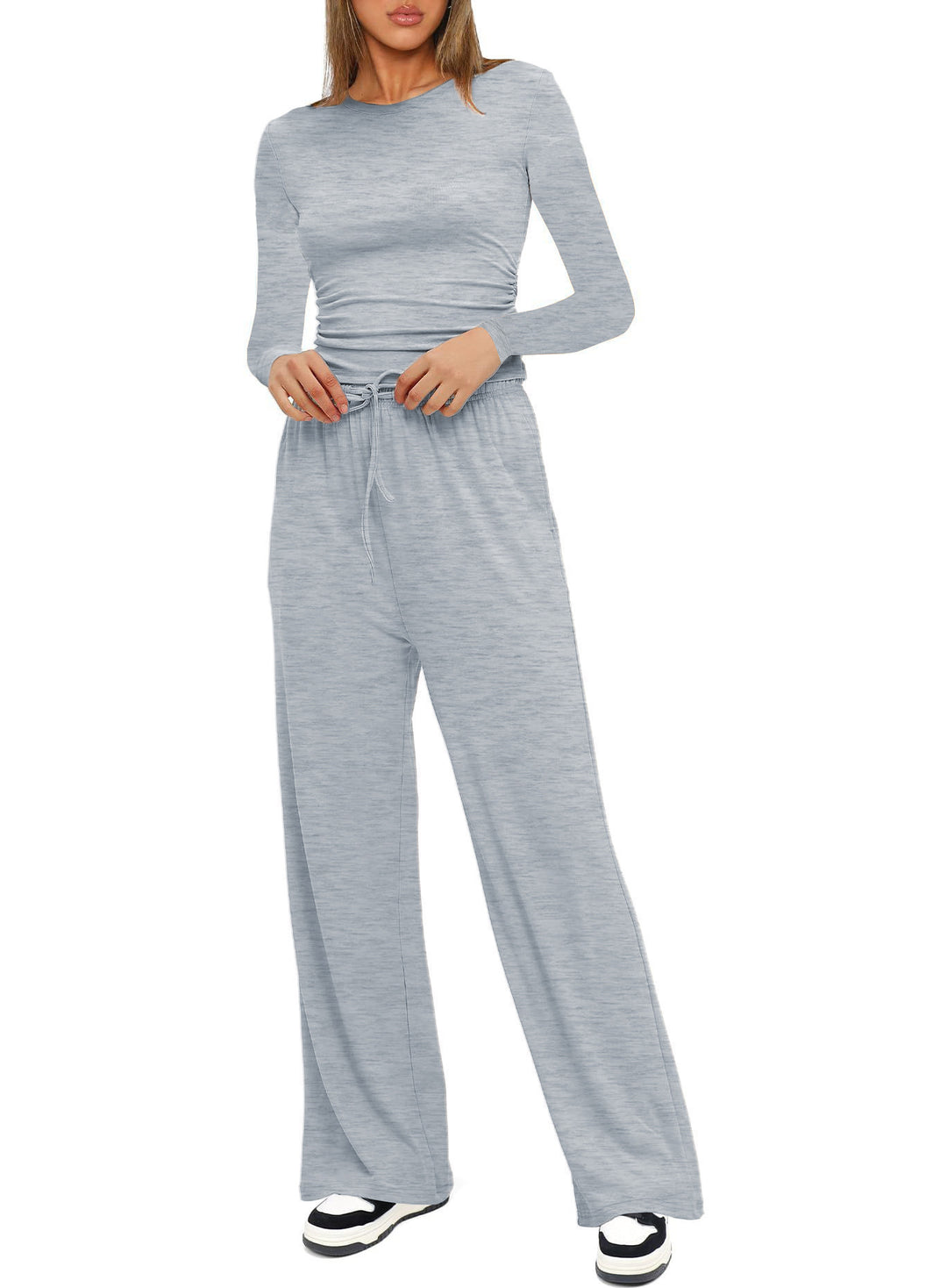 Damen Figurbetontes Longsleeve mit seitlicher Raffung und High-Waist Palazzo-Jogginghose Set Nord Taschen