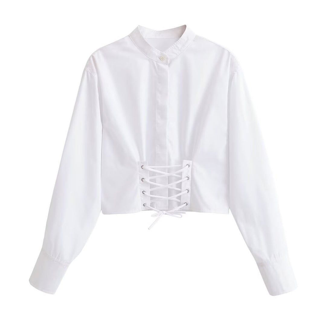 Damen Cropped Bluse mit Schnürkorsett‑Taillierung und Stehkragen Nord Taschen