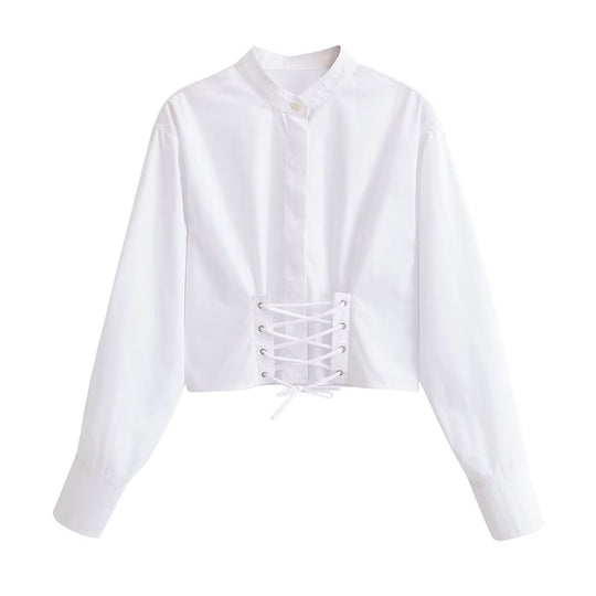 Damen Cropped Bluse mit Schnürkorsett‑Taillierung und Stehkragen Nord Taschen