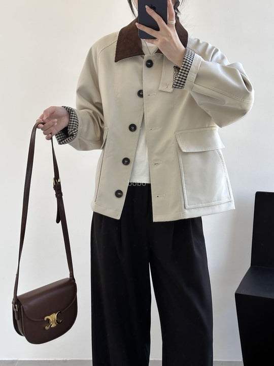 Damen Kurzjacke im Worker-Stil mit Cordkragen und aufgesetzten Pattentaschen Nord Taschen