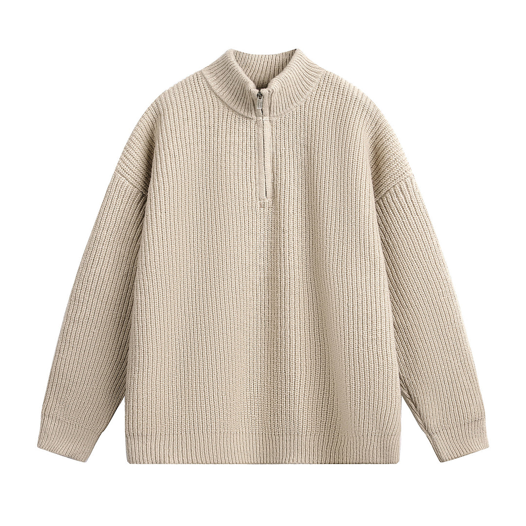 Unisex Oversize Grobstrickpullover mit Halbreißverschluss und Stehkragen Nord Taschen