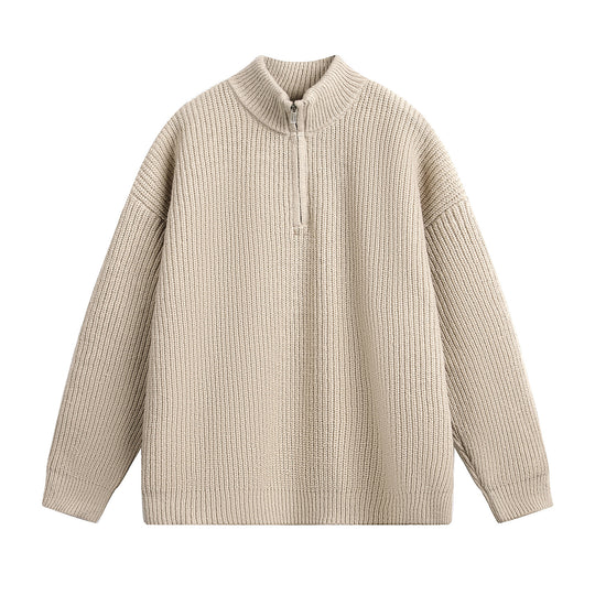 Unisex Oversize Grobstrickpullover mit Halbreißverschluss und Stehkragen Nord Taschen