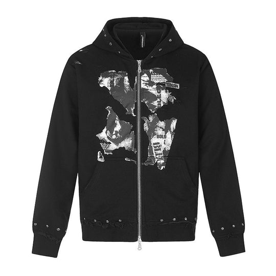 Damen Kapuzen-Sweatjacke mit zweiseitigem Reißverschluss, ausgefranstem Saum, Nietenbesatz und Collage-Print Nord Taschen