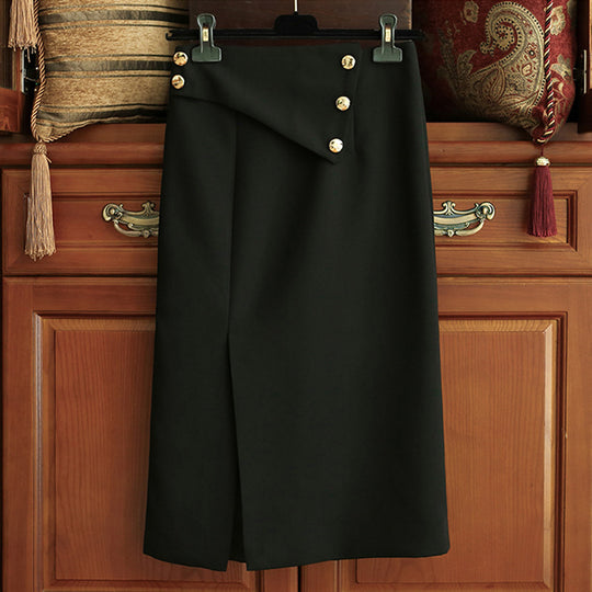Damen Eleganter Midirock mit asymmetrischem Schnitt und Goldknöpfen Nord Taschen