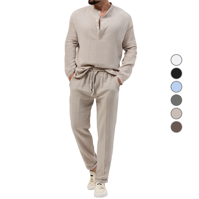 Herren Lässiges Zweiteiliges Lounge-Set aus Baumwoll-Gauze mit Henley-Oberteil und Tunnelzug-Hose Nord Taschen