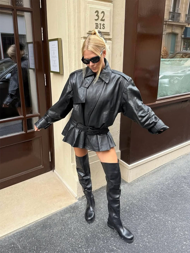 Damen Oversize-Lederjacke mit taillierendem Bindegürtel und Volant-Saum Nord Taschen