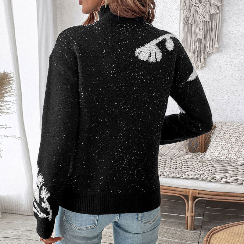 Damen Floraler Intarsia-Strickpullover mit Stehkragen und lockerer Silhouette Nord Taschen