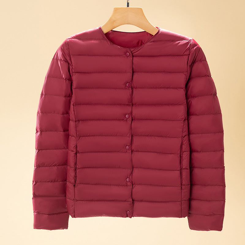 Damen Ultraleichte Steppjacke ohne Kragen, Packbare Thermojacke für Reisen und Alltag Nord Taschen